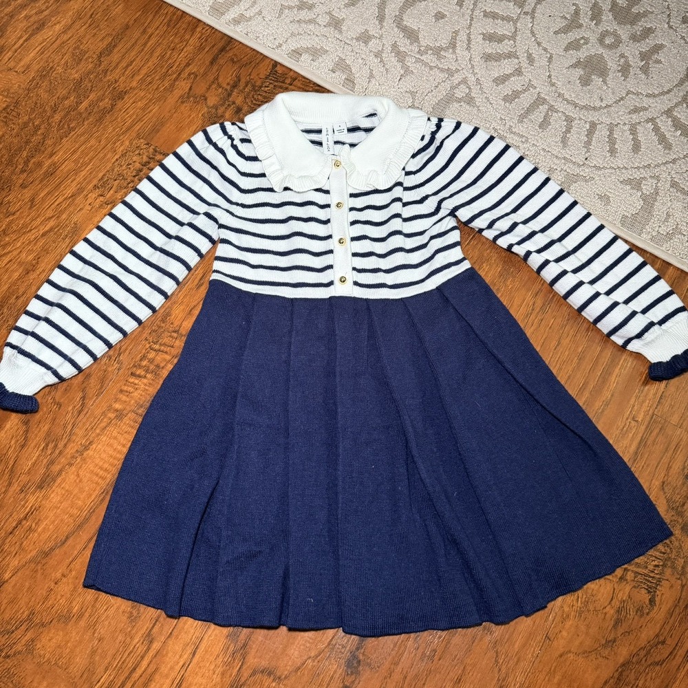 JANIE AND JACK Girls Dress knit Nautical Money Peter Pan Navy Blue striped sail